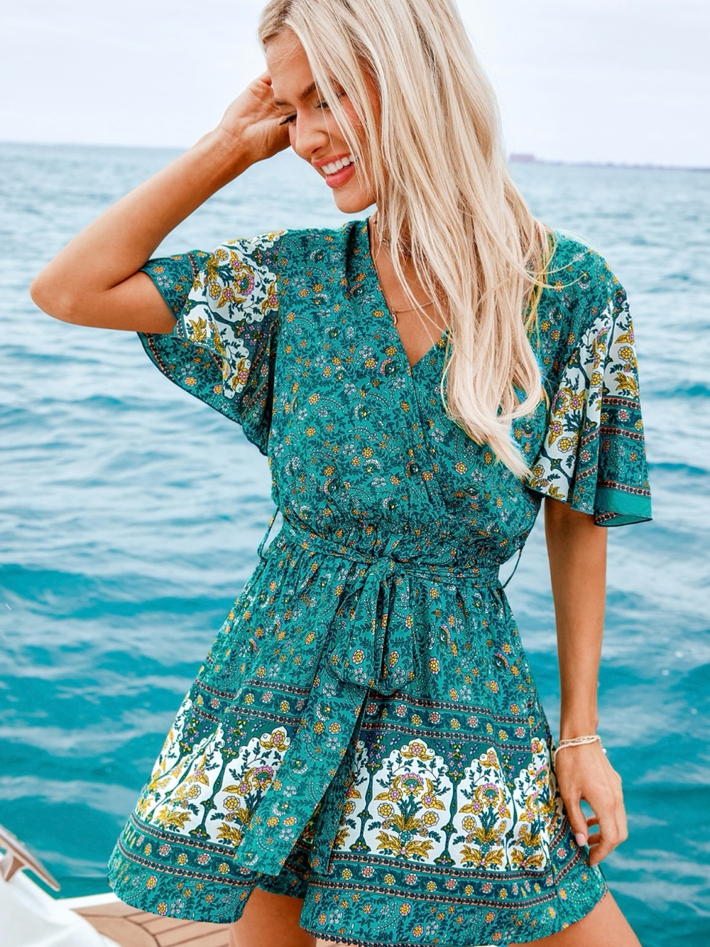 Teal Floral Boho Tie-Waist Romper /  Mini Dress